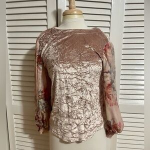 Blush crushed velvet top with contrast sheer sleeves